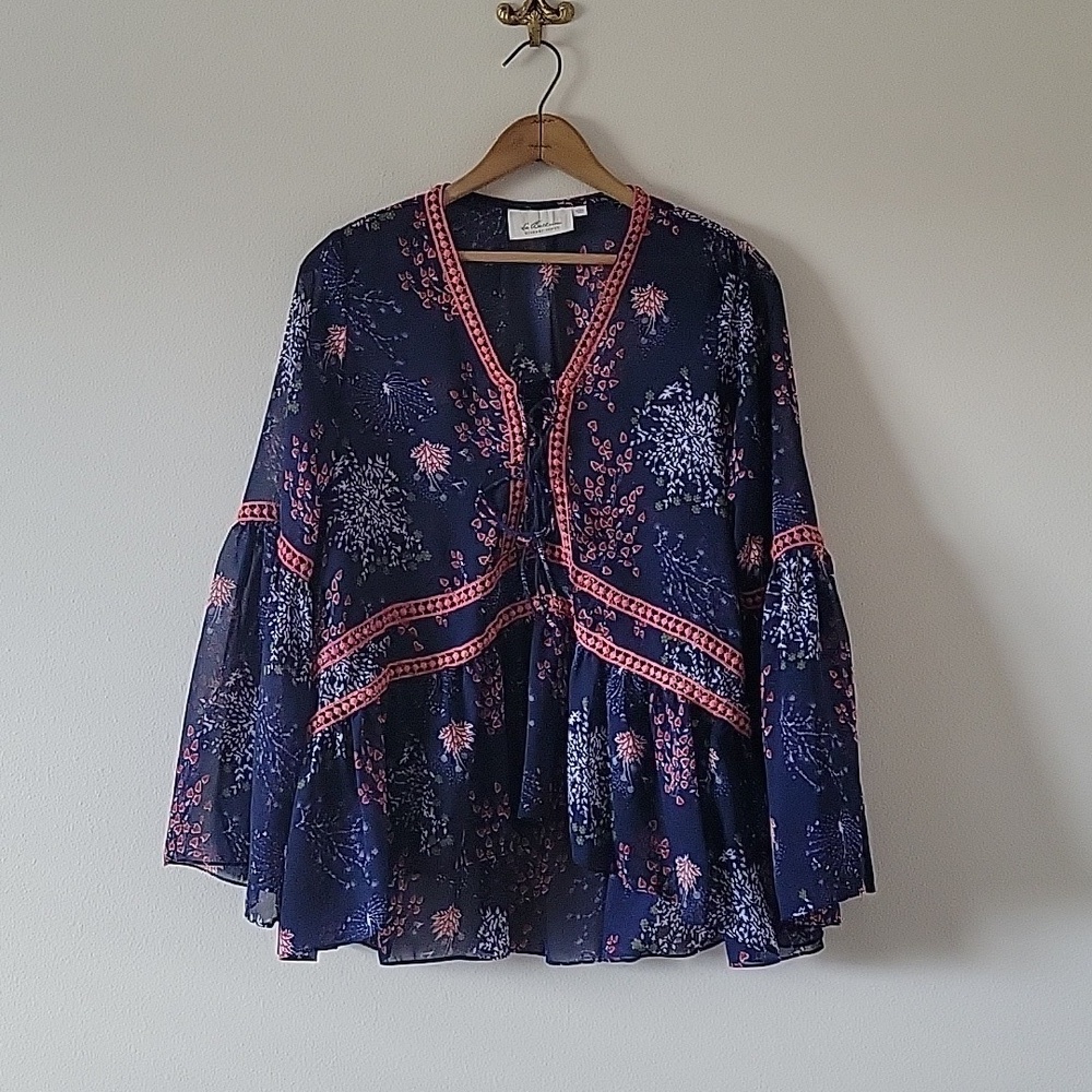 LaBellum Hillary Scott Blue Floral Boho Bell Sleeve Blouse Size Large